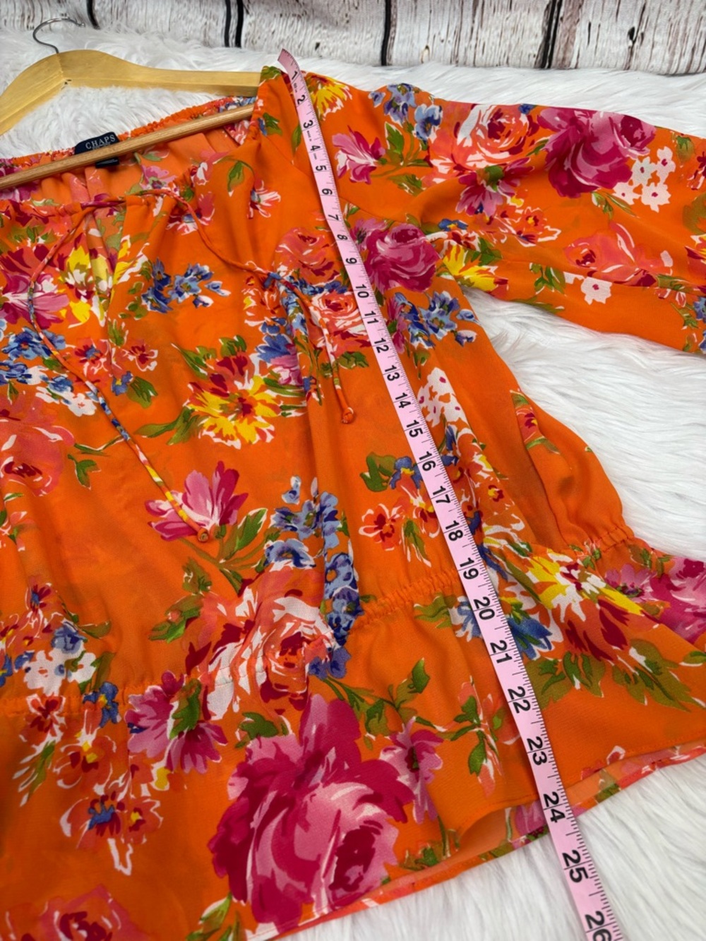 CHAPS Women’s Large Orange Floral Print Blouse Tie‎ Neck Woven Fabric Small Flaw - Picture 12 of 16